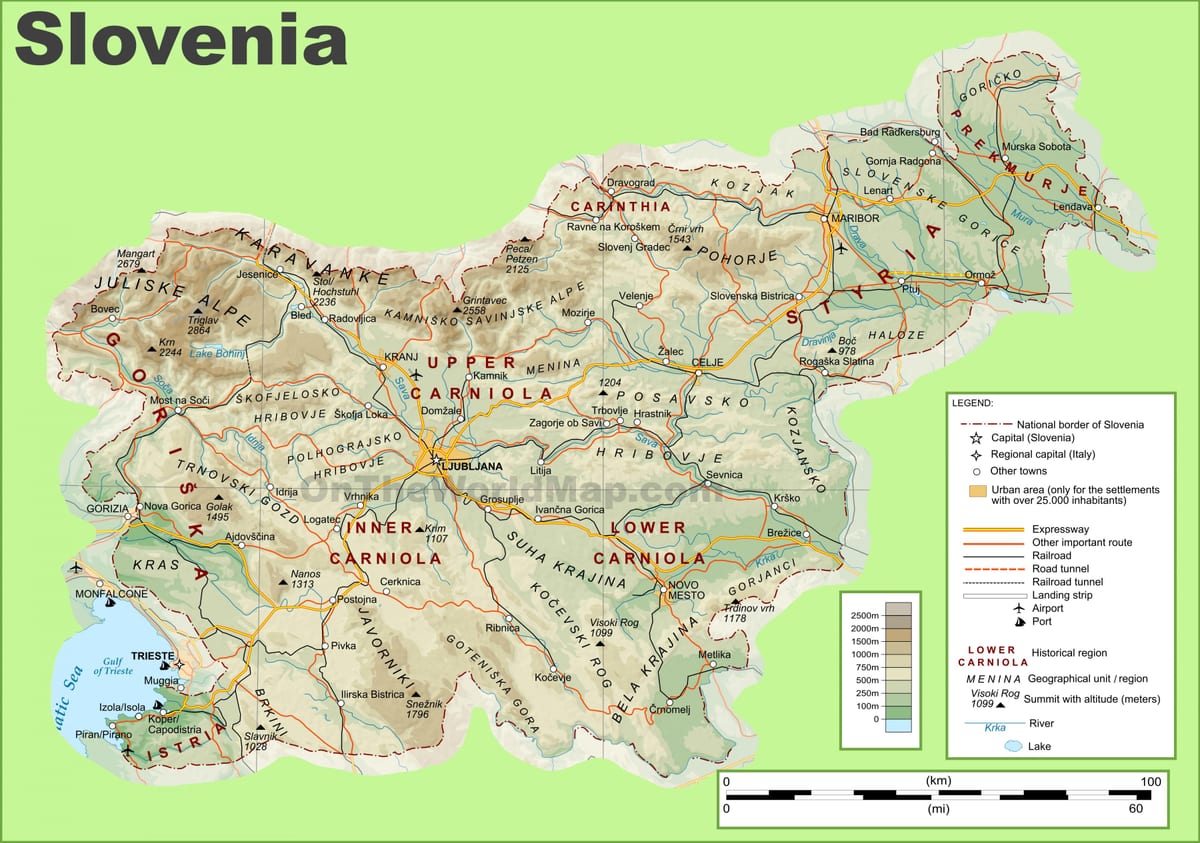 Քարտեզ Սլովենիայի ֆիզիկական