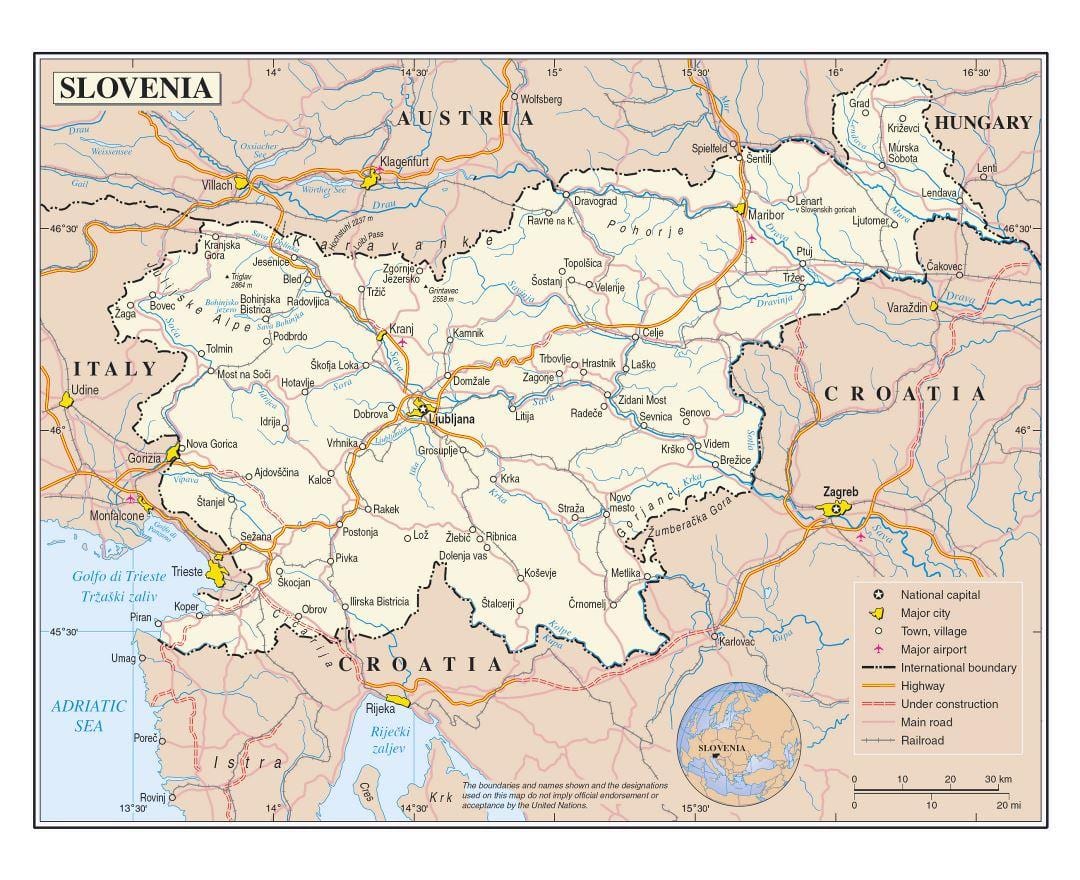 Քարտեզ Սլովենիայի օդանավակայանների